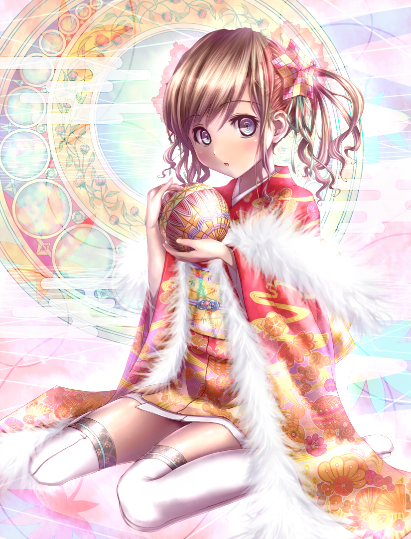 brown_hair, fur_trim, hair_ornament, japanese_clothes, kimono, original, peroshiti_aniki, short_hair, short_kimono, short_twintails, sitting, solo, temari_ball, thigh-highs, thighhighs, traditional_clothes, twintails, wariza, white_legwear
