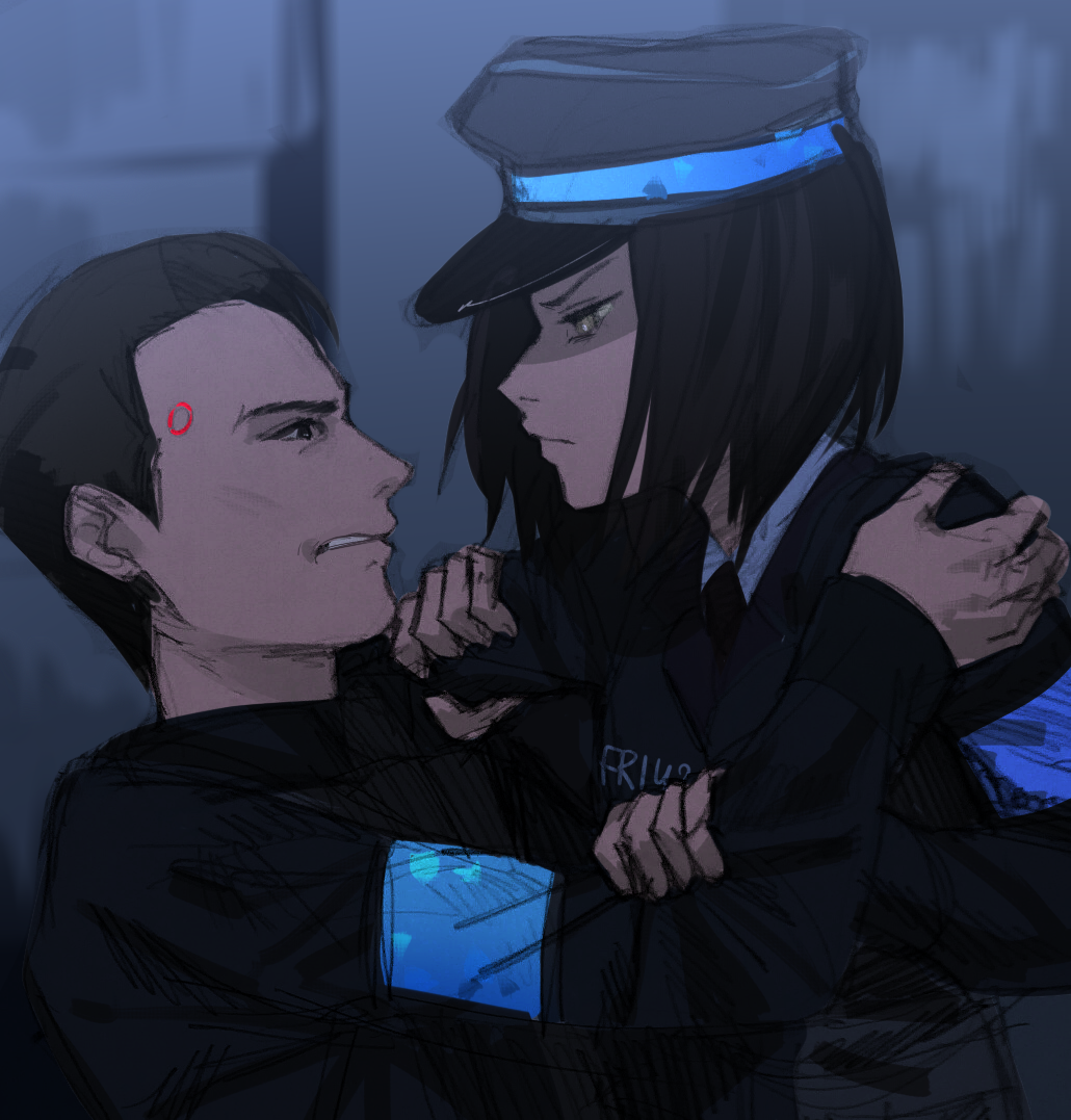 1boy, 1girl, armband, black_necktie, blue_armband, clenched_teeth, detroit:_become_human, dress_shirt