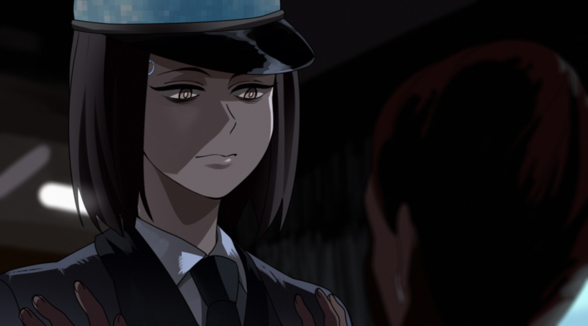 1girl, 1other, black_necktie, detroit:_become_human, dress_shirt, hands_on_another's_shoulders, hat, highres