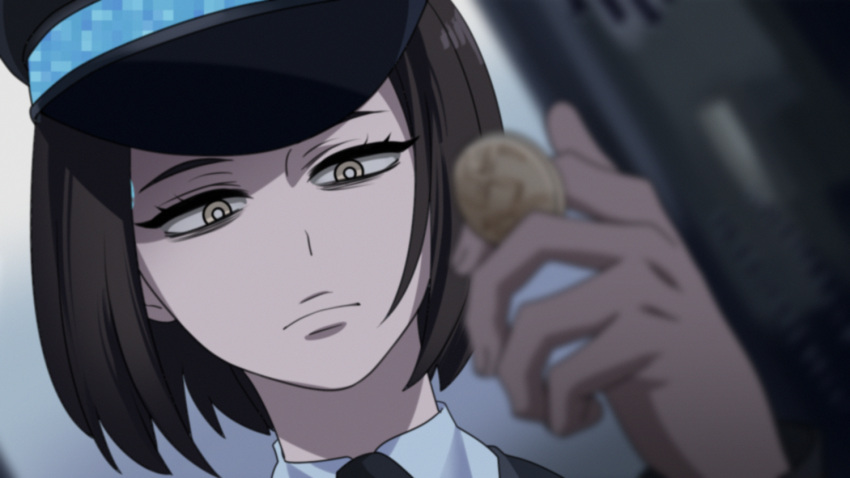 1girl, black_necktie, blurry, blurry_background, coin, detroit:_become_human, dress_shirt, dutch_angle