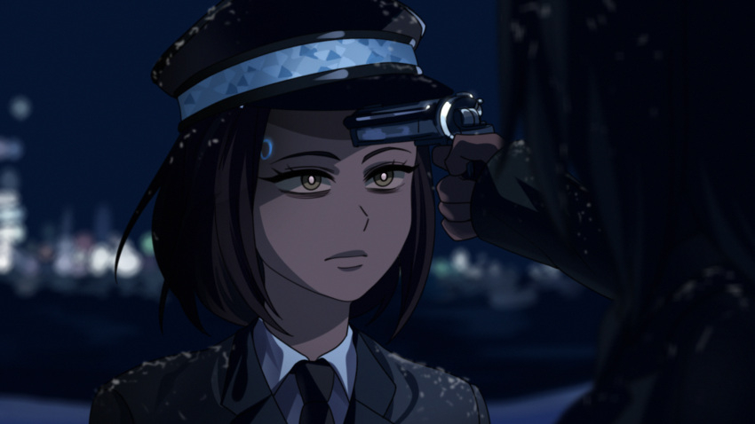 1girl, 1other, at_gunpoint, black_necktie, detroit:_become_human, dress_shirt, gun, hat