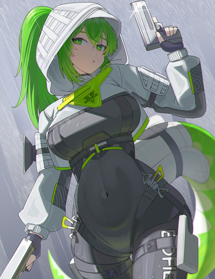 1girl, absurdres, arknights, arknights:_endfield, fluorite_(arknights), gun, handgun, highres, snake_tail, solo, spam_(spamham4506), tail, weapon