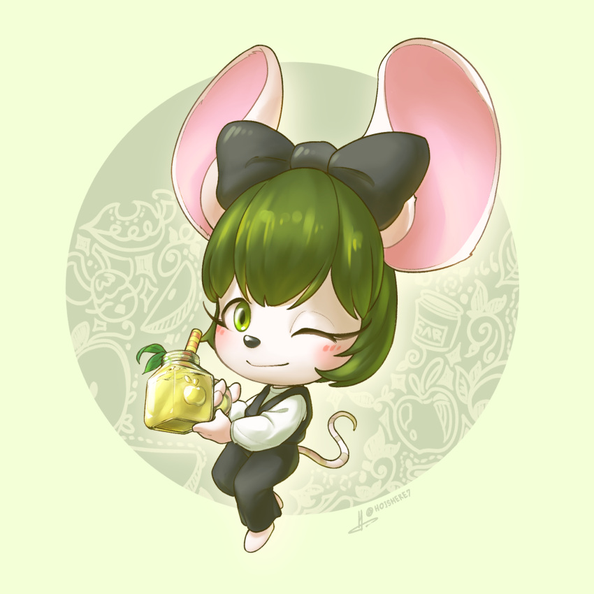 1girl, animal_crossing, apple_juice, black_bow, black_pants, bow, bree_(animal_crossing), closed_mouth