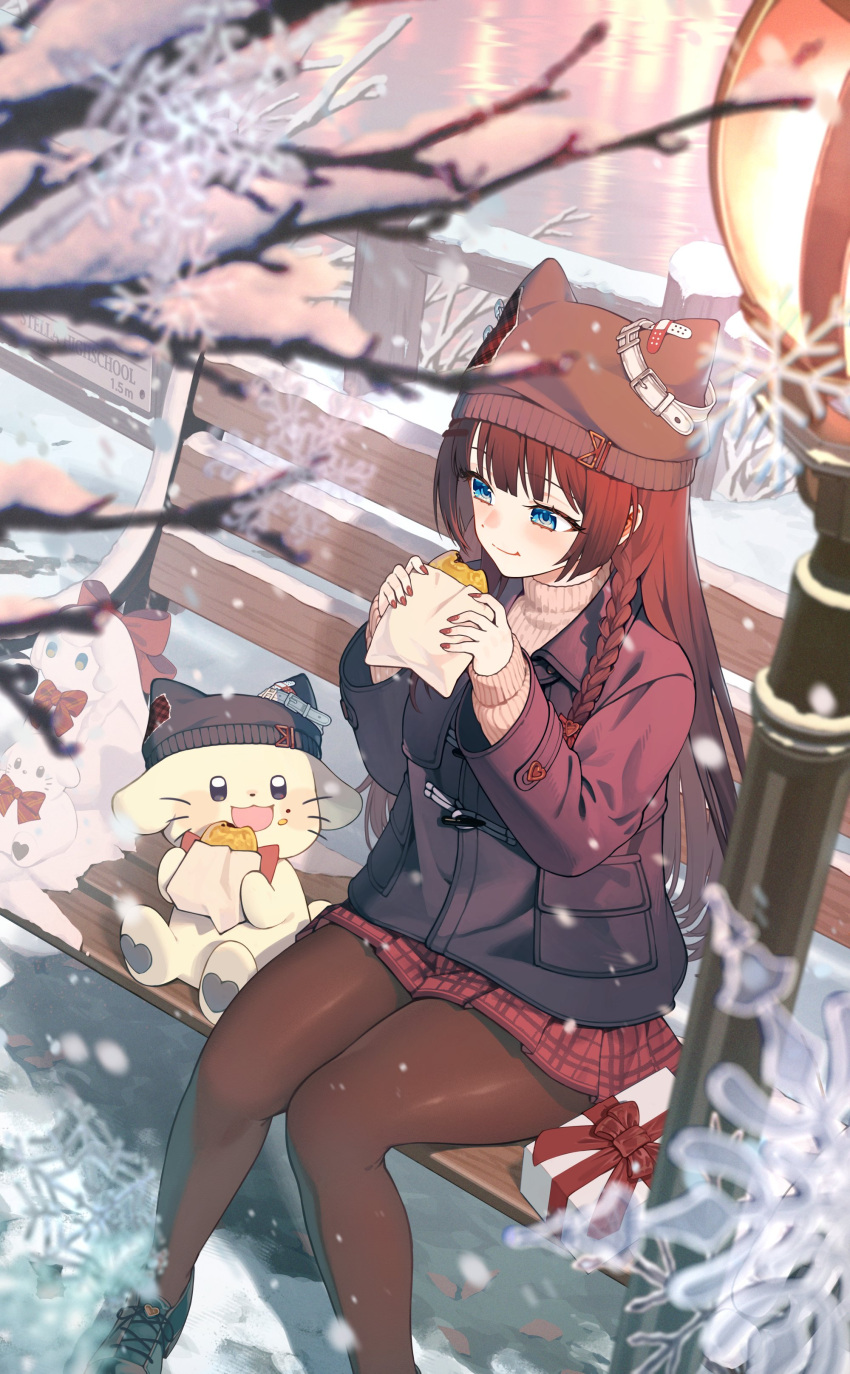 1girl, absurdres, beanie, bench, black_hair, black_jacket, black_pantyhose, blue_eyes
