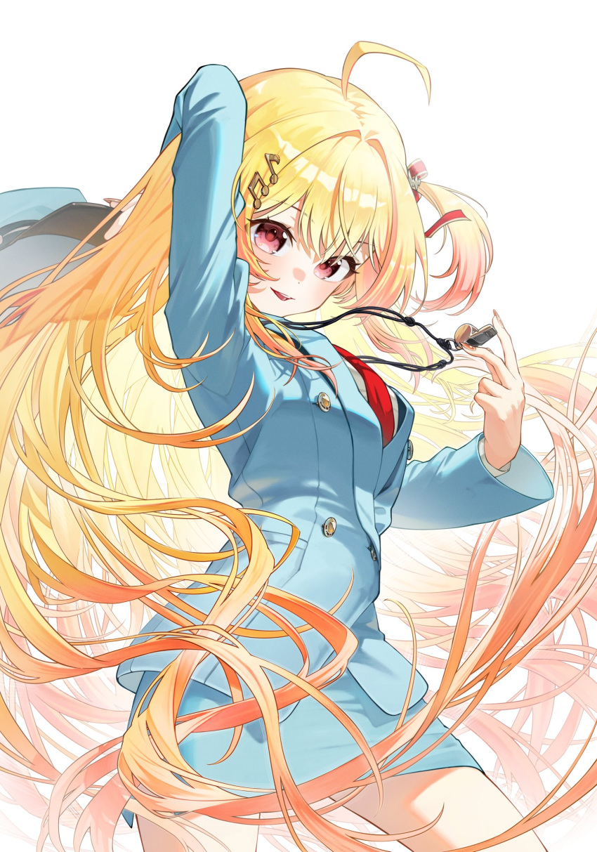 1girl, absurdres, ahoge, blonde_hair, blue_hat, blue_jacket, blue_skirt, commentary