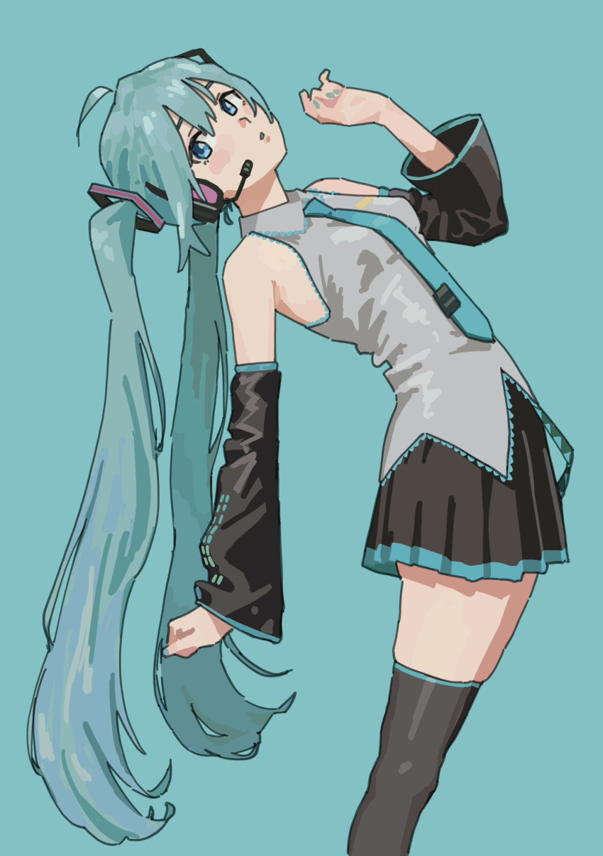 1girl, ahoge, aqua_background, aqua_hair, aqua_nails, aqua_necktie, bare_shoulders, black_boots