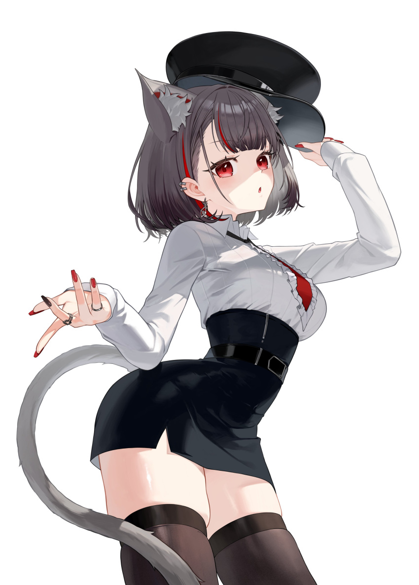 1girl, absurdres, animal_ears, black_hat, black_nails, black_skirt, black_thighhighs, cat_ears