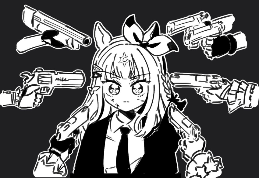 1girl, almond_eye_(umamusume), animal_ears, blunt_bangs, bodysuit, closed_mouth, commentary_request, gabeu_(miracle_t)