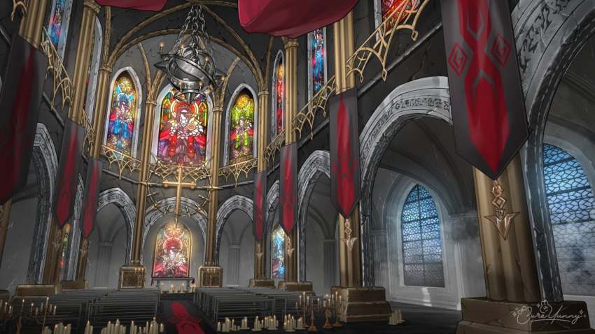 altar, arch, arched_window, architecture, banner, candelabra, candle, candlestand