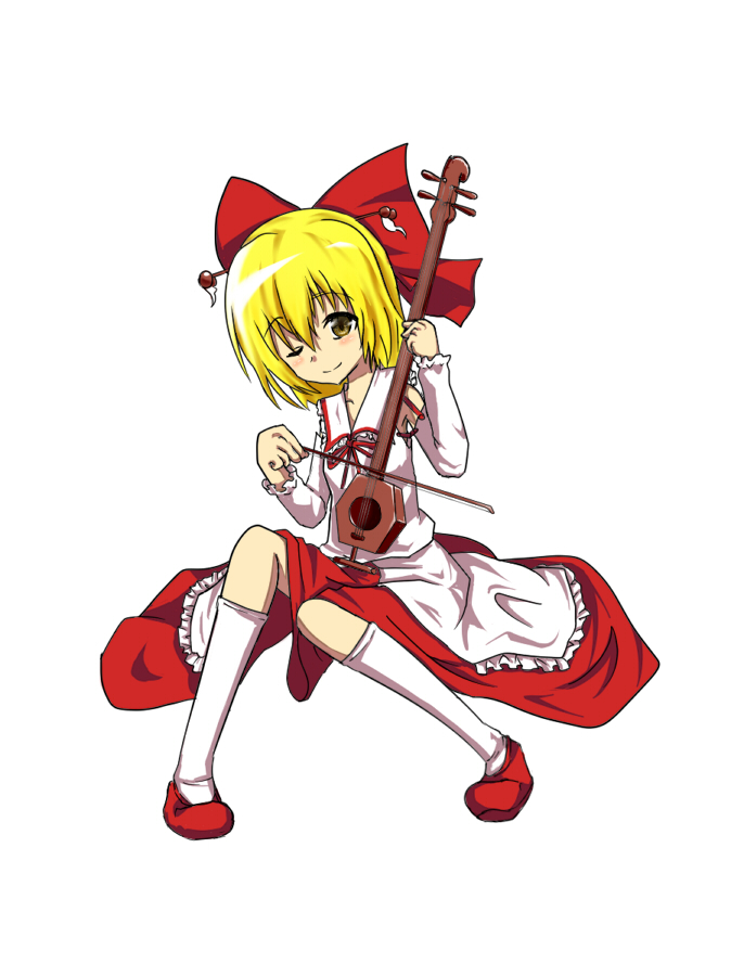 blonde, blonde_hair, bow_(instrument), erhu, hair_ornament, hair_ribbon, instrument, ribbon, satsuki_rin, solo, the_embodiment_of_scarlet_devil, touhou, yellow_eyes