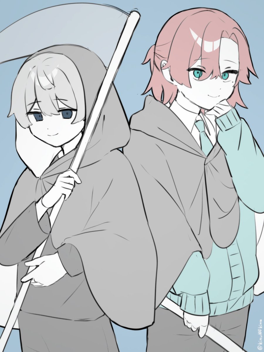 2boys, aqua_eyes, aqua_necktie, aqua_sweater, black_jacket, black_pants, blue_background, blue_eyes, cloak, commentary_request, gloves, grey_cloak, grey_hair, half_updo, highres, holding, holding_scythe, hood, hood_down, hood_up, hooded_cloak, jacket, kinu100kinu, kuchinashi_dabi, looking_at_viewer, mole, mole_under_eye, multiple_boys, necktie, oshi_no_tachiba_ga_irekawaru, oshi_no_taisetsuna_hito_ni_narikawaru, pants, red_hair, scythe, smile, sweater, tonimura_yui, white_gloves