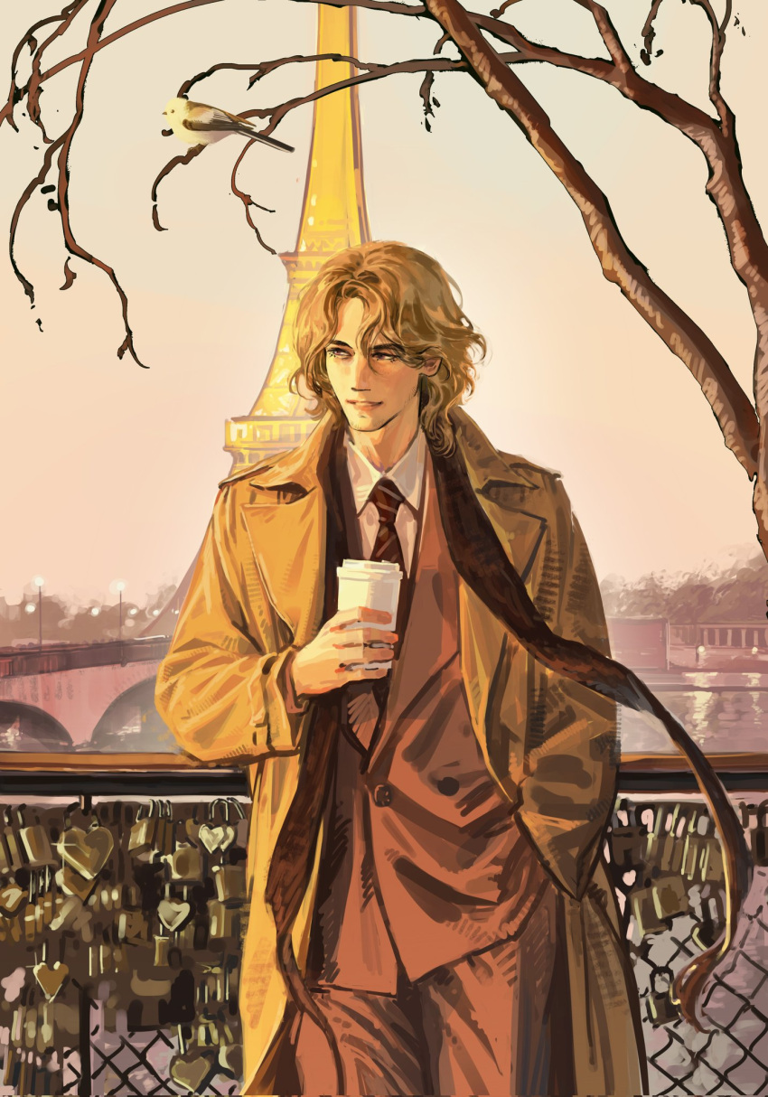 1boy, axis_powers_hetalia, bare_tree, blonde_hair, bridge, brown_scarf, cowboy_shot, cup