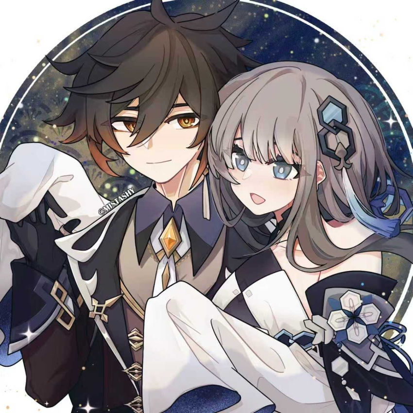 1boy, 1girl, artist_name, bare_shoulders, black_gloves, black_hair, blue_eyes, brown_hair