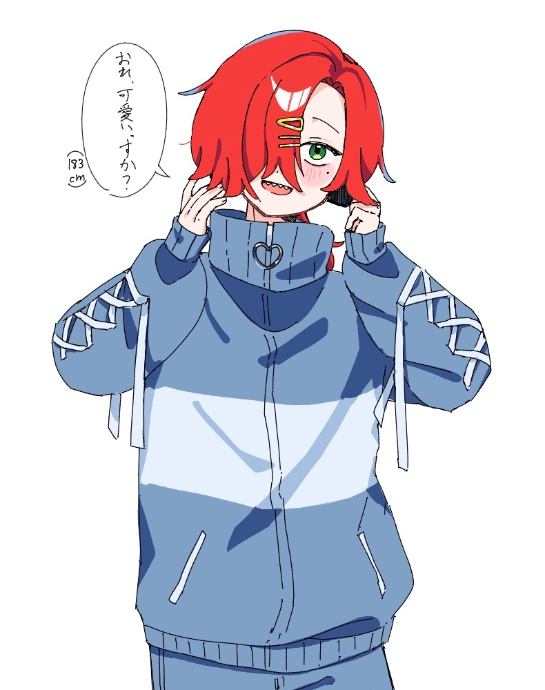 1boy, blue_jacket, blue_pants, check_clothing, clothing_request, commentary_request, cross-laced_clothes, green_eyes