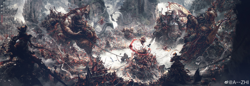 a_zhi, absurdres, axe, battlefield, bird, biwa_lute, chain, chinese_commentary, chinese_mythology, chinese_text, clone, clouds, commentary_request, crane_(animal), dragon, eastern_dragon, fighting, fighting_stance, fog, full_body, highres, horse, instrument, journey_to_the_west, lute_(instrument), monkey, mountain, multiple_boys, multiple_girls, nezha_(mythology), pipa_(instrument), polearm, rock, shadow, shield, sky, soldier, spear, sun_wukong, umbrella, water, waterfall, weapon