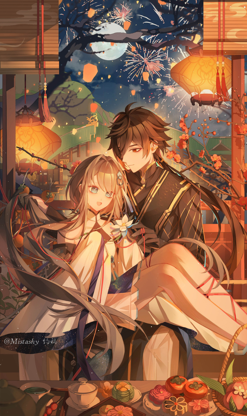 1boy, 1girl, absurdres, aerial_fireworks, artist_name, bare_shoulders, blue_eyes, bridge