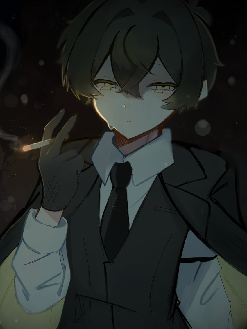 1boy, black_gloves, black_hair, black_jacket, black_necktie, black_vest, collared_shirt, commentary_request