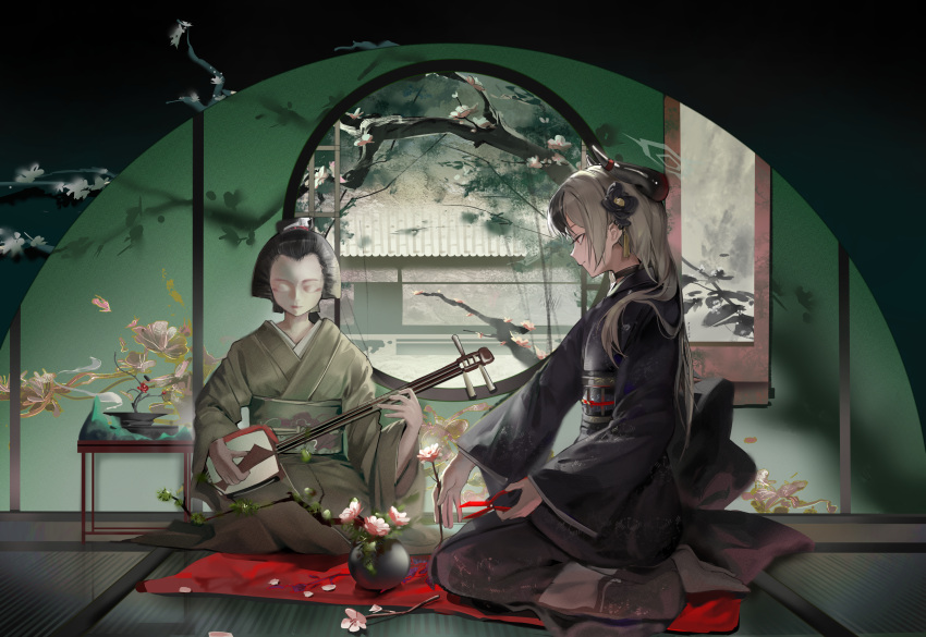 1girl, arch, black_hair, black_kimono, blanket, blue_archive, bonsai, border