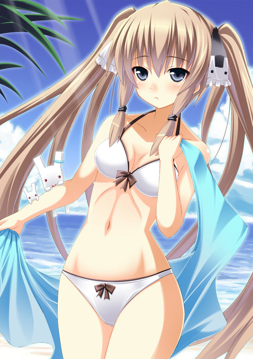 1girl, absurdres, beach, bikini, blonde_hair, blue_eyes, blush, bow