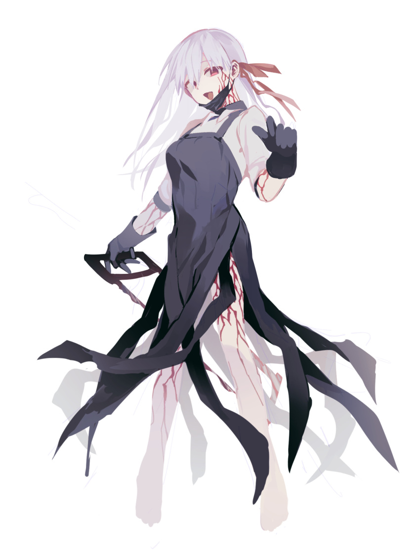 1girl, barefoot, black_dress, black_gloves, blood, breasts, dark_sakura, dress