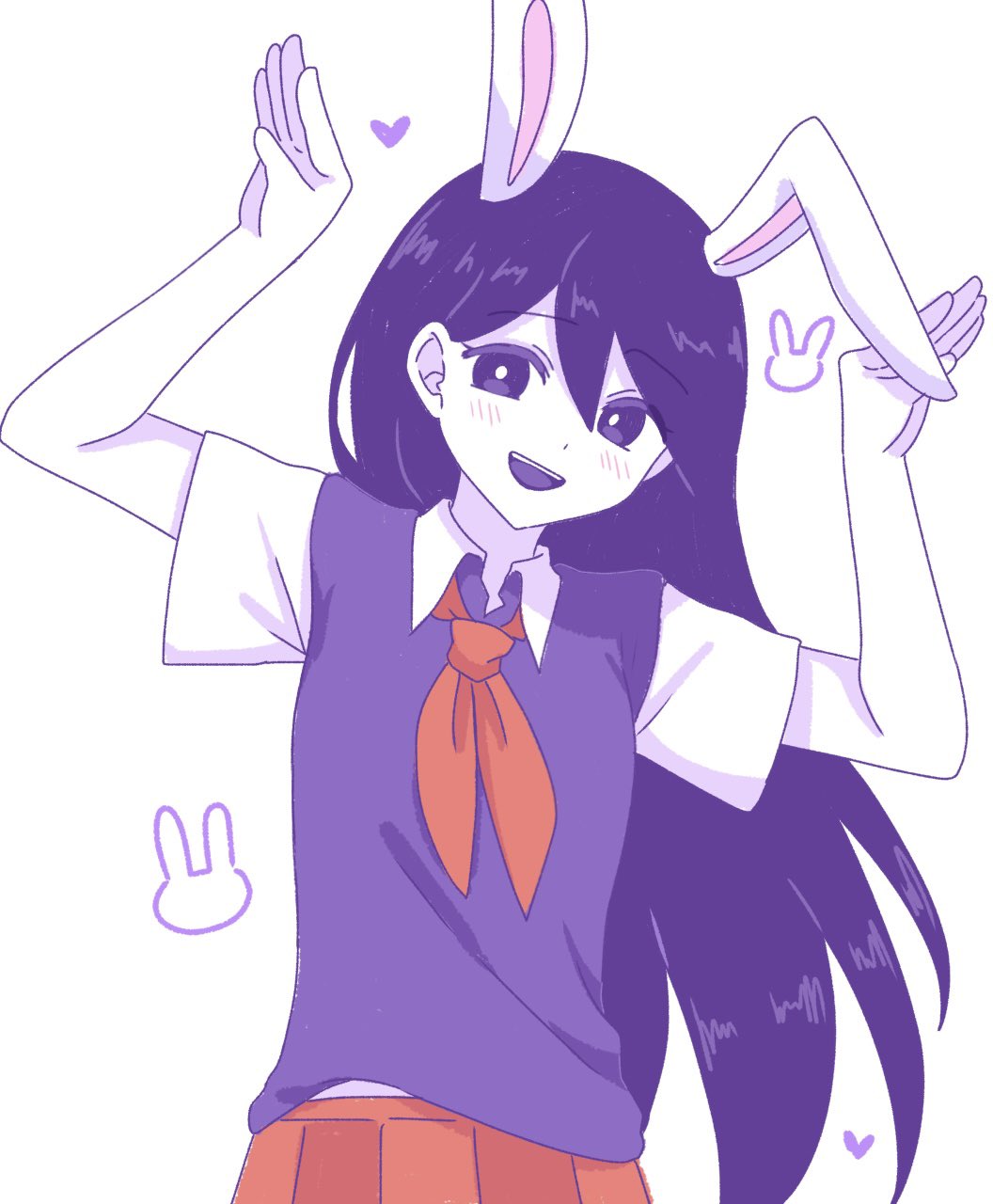 1girl, :d, animal_ears, arms_up, bare_arms, breasts, bright_pupils, collared_shirt