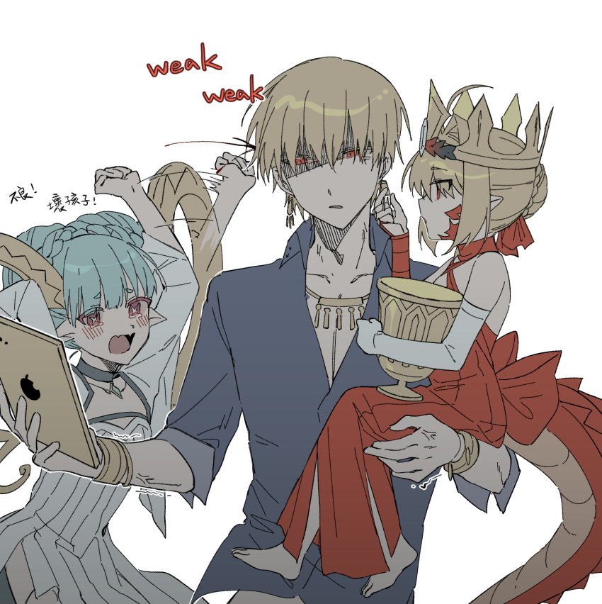 1boy, 2girls, afterimage, anger_vein, aqua_hair, barefoot, blonde_hair, bracelet