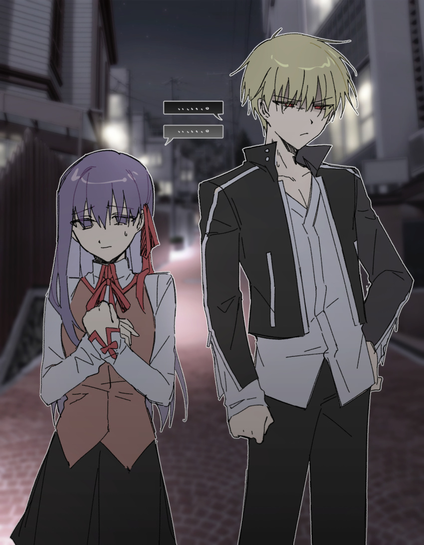 ..., 1boy, 1girl, black_jacket, black_skirt, blonde_hair, blurry, blurry_background