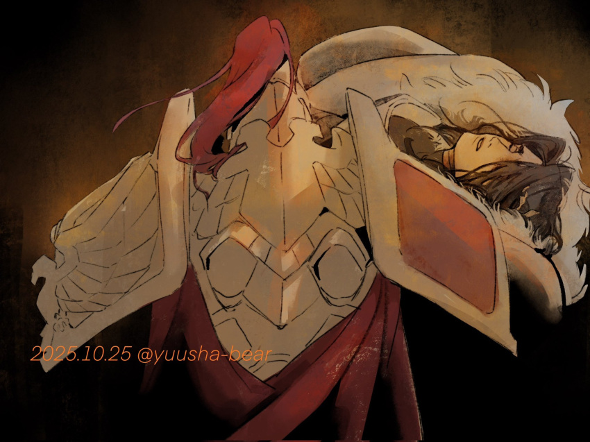 2boys, adeptus_custodes, aquila_(symbol), armor, black_hair, boots, closed_eyes, commentary_request
