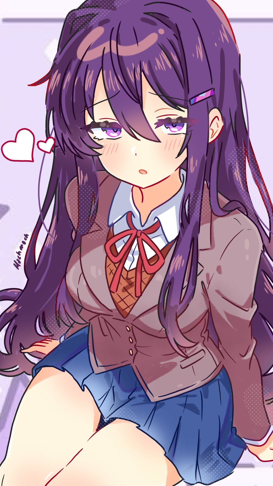 1girl, artist_name, blue_skirt, brown_vest, doki_doki_literature_club, doki_doki_literature_club_school_uniform, dot_nose, grey_jacket, hair_between_eyes, hair_intakes, hair_ornament, hairclip, hashtag-only_commentary, heart, highres, jacket, light_blush, long_hair, looking_at_viewer, miniskirt, neck_ribbon, parted_lips, pastel.moch, purple_hair, red_ribbon, ribbon, school_uniform, shirt, sitting, skirt, solo, very_long_hair, vest, violet_eyes, white_shirt, yuri_(doki_doki_literature_club)