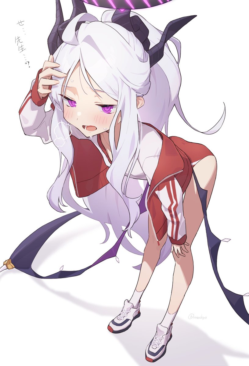 1girl, ahoge, blue_archive, blush, breasts, commentary_request, demon_girl, demon_horns, demon_wings, gym_uniform, hakasesuicchi, highres, hina_(blue_archive), horns, long_hair, looking_at_viewer, low_wings, open_mouth, simple_background, small_breasts, solo, standing, steaming_body, sweat, very_long_hair, violet_eyes, white_background, white_hair, wings