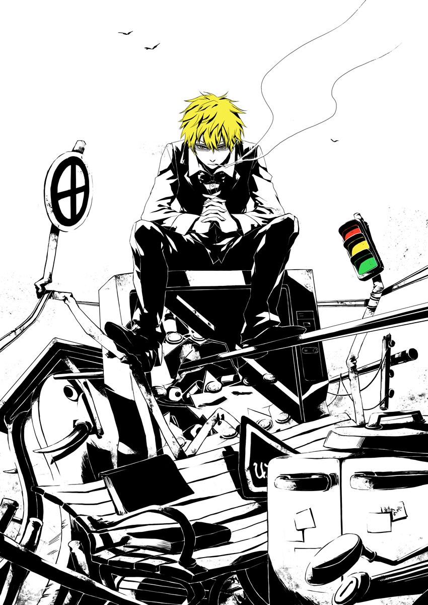akuhaku, blonde_hair, bowtie, cigarette, durarara!!, glasses, heiwajima_shizuo, highres