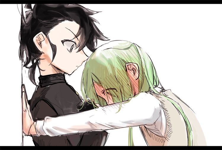 1boy, 1girl, against_wall, black_hair, blush, commentary_request, gloves, green_eyes, green_hair, hand_on_wall, hetero, ich1_(l_ch169995), ichi_(madan_no_ichi), kabedon, kumugi_(madan_no_ichi), long_hair, long_sleeves, looking_at_another, looking_down, madan_no_ichi, shirt, short_hair