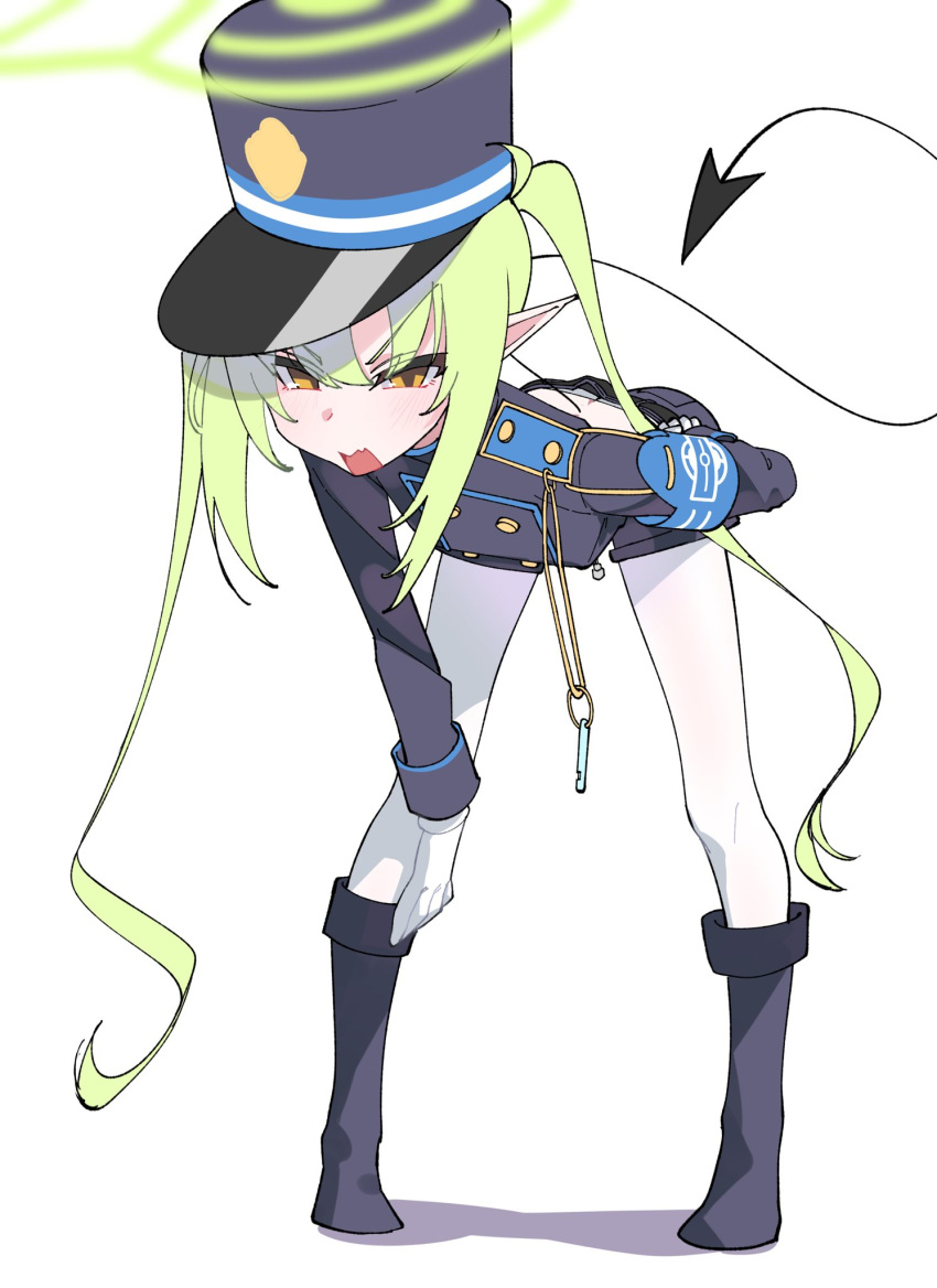 1girl, armband, belt, bent_over, black_tail, blue_archive, blue_armband, blush