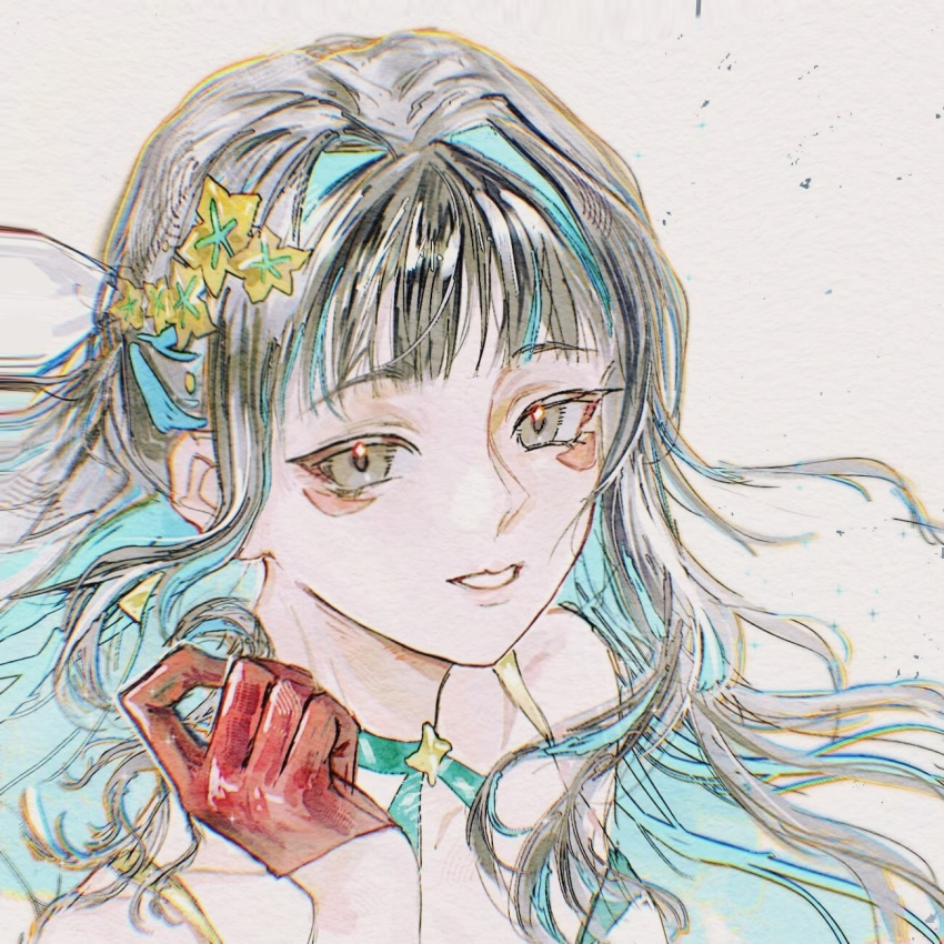1girl, aqua_choker, aqua_hair, black_eyes, black_hair, breasts, chinese_commentary, choker