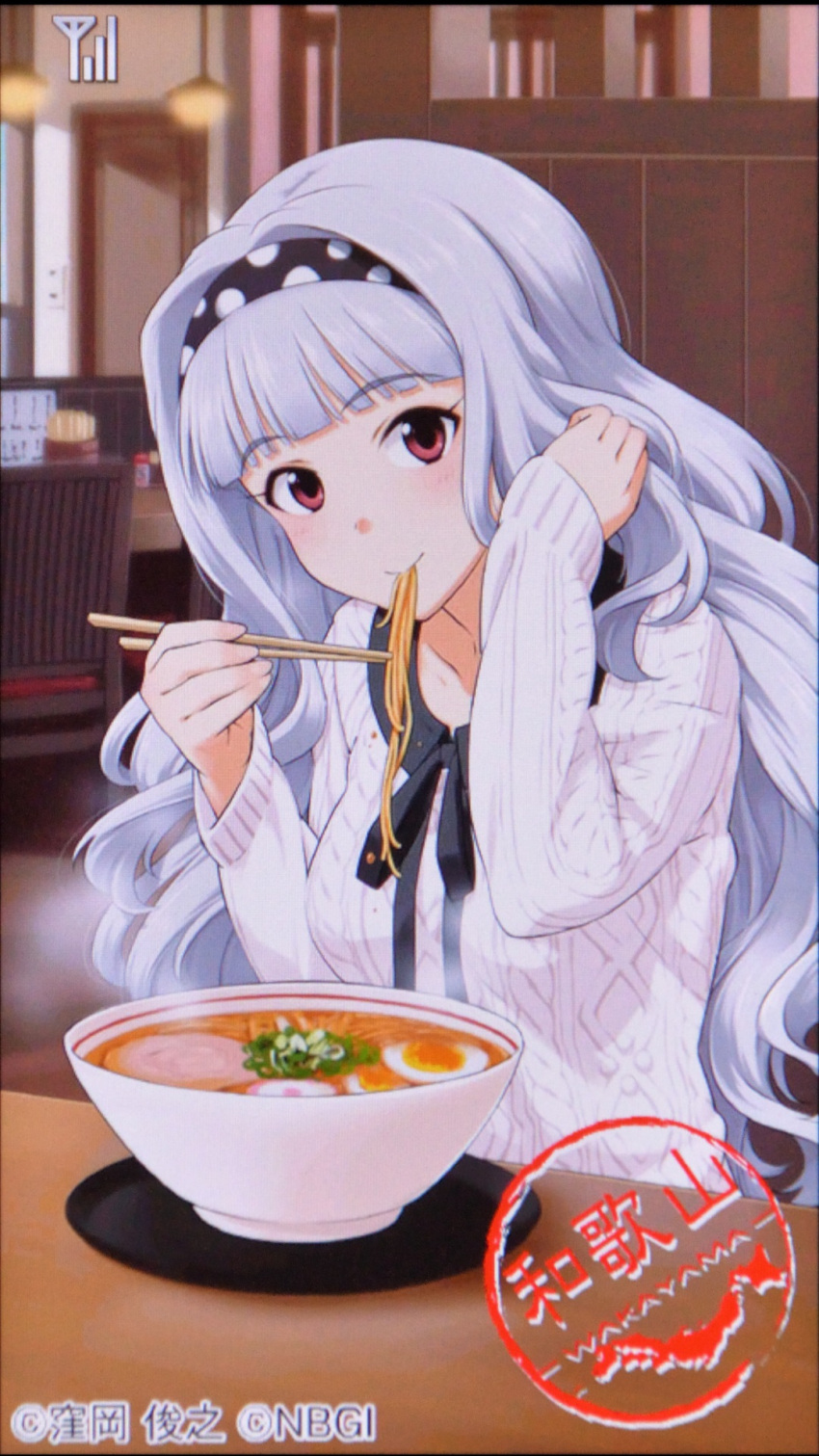 1girl, black_hairband, chopsticks, copyright_notice, eating, food, food_in_mouth, grey_hair