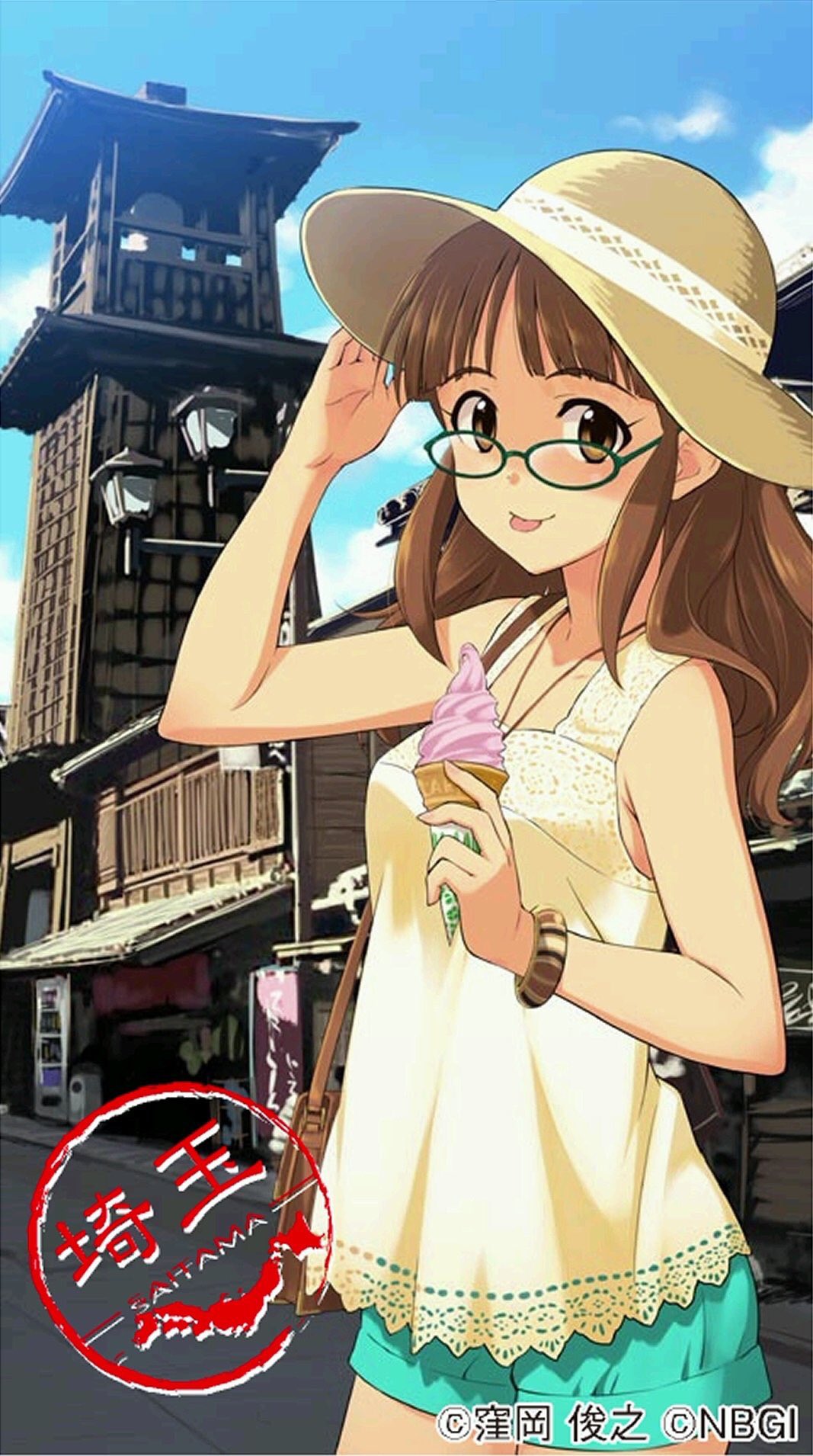 1girl, :p, akizuki_ritsuko, breasts, brown_eyes, brown_hat, closed_mouth, copyright_notice