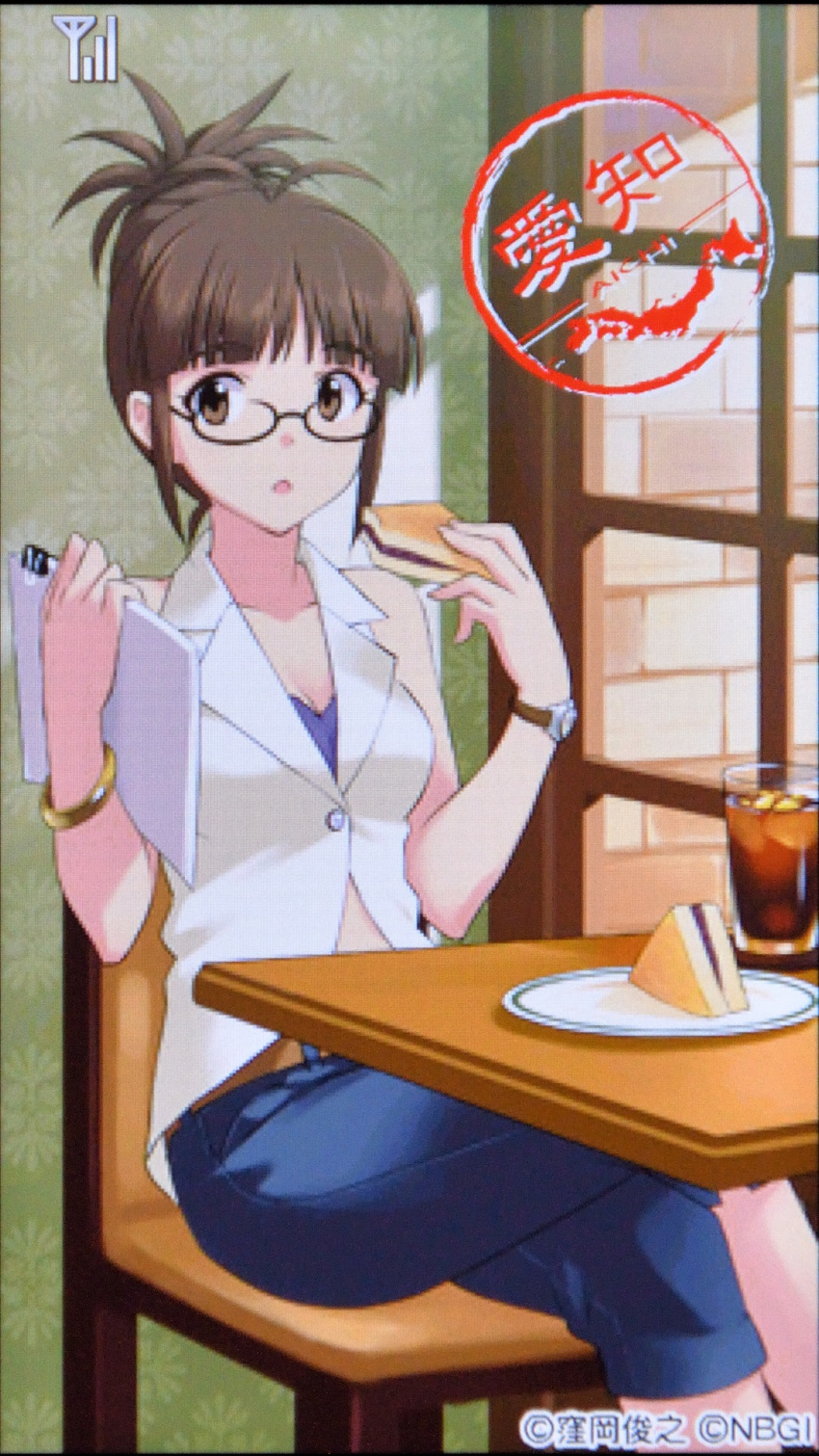 1girl, aichi_prefecture, akizuki_ritsuko, blue_pants, bracelet, brown_eyes, brown_hair, chair