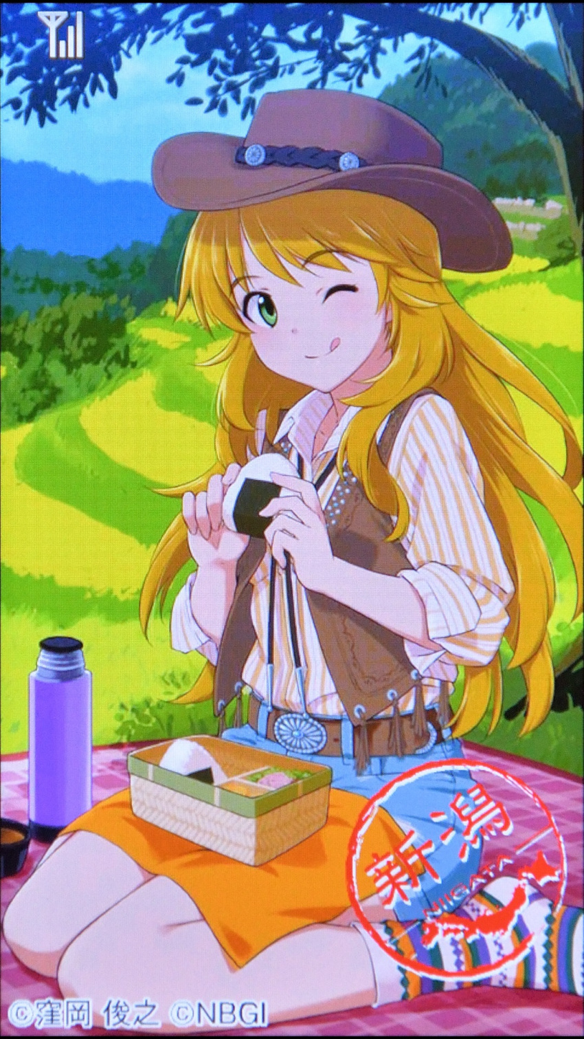 1girl, ;q, bento, blonde_hair, brown_hat, brown_vest, copyright_notice, cowboy_hat