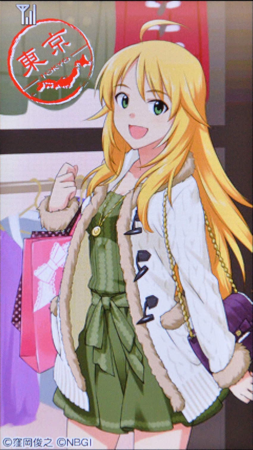 1girl, :d, ahoge, bag, blonde_hair, copyright_notice, cowboy_shot, dress