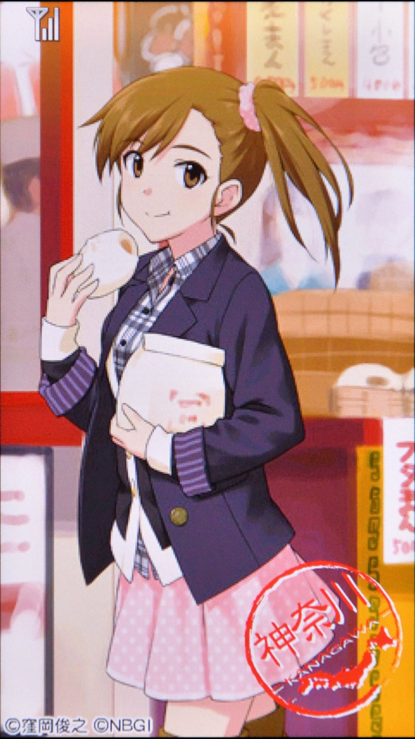 1girl, black_jacket, blazer, brown_eyes, brown_hair, closed_mouth, copyright_notice, cowboy_shot