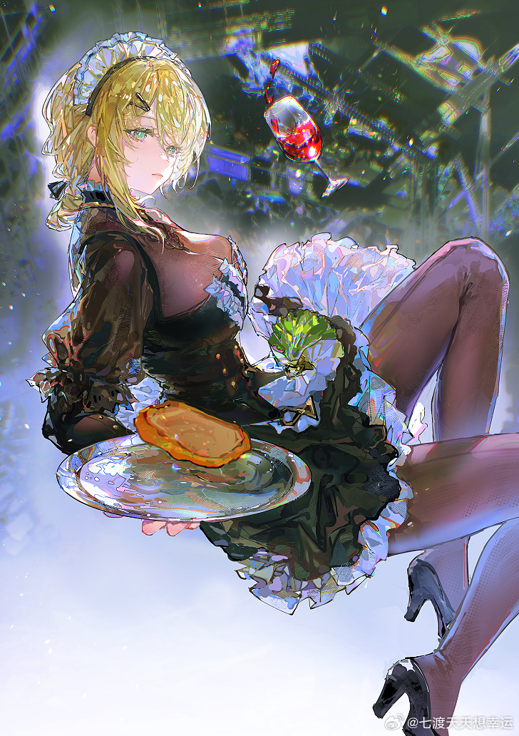 1girl, black_dress, blonde_hair, bread, breasts, buttons, chinese_commentary, commentary_request