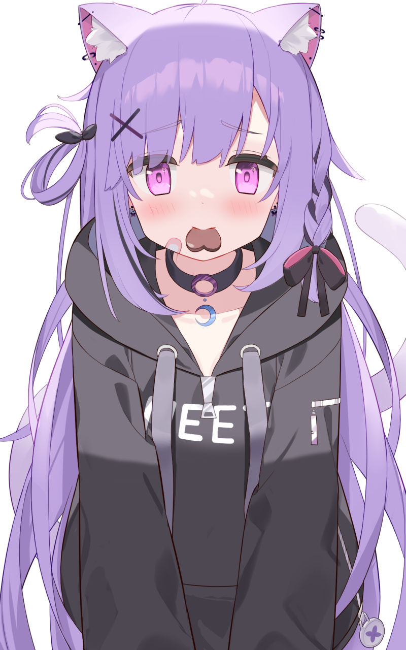 1girl, ahoge, animal_ear_piercing, animal_ears, bandaid, bandaid_on_face, black_choker, black_hoodie