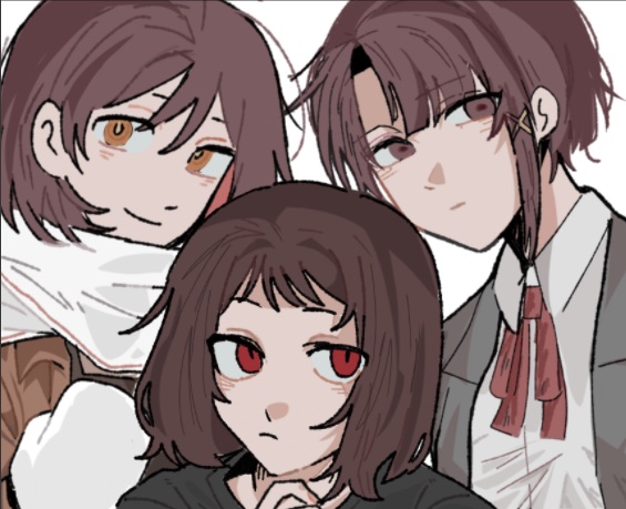3girls, asya_shubina, black_shirt, brown_eyes, collared_shirt, color_connection, commentary, crossover