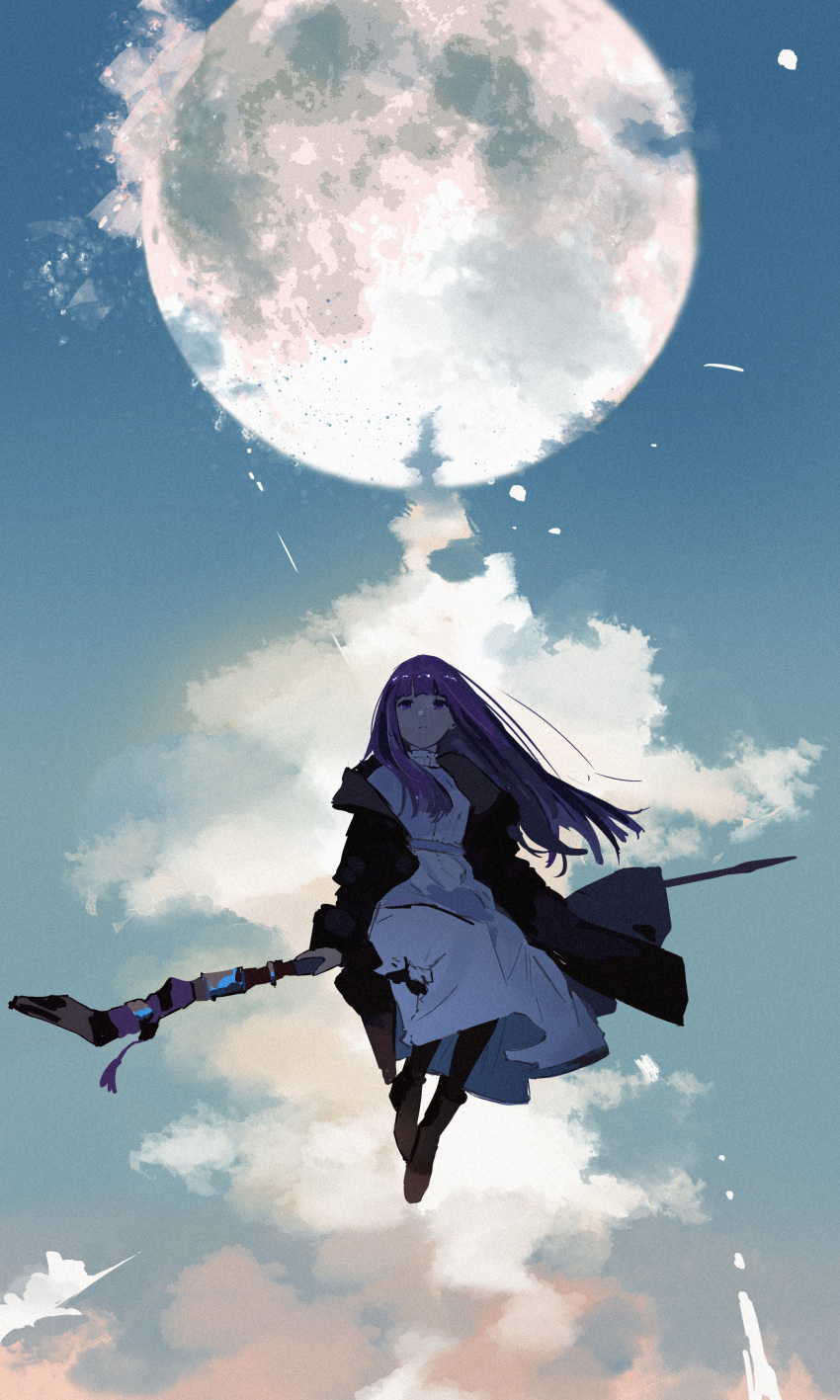 1girl, absurdres, black_robe, blue_sky, blunt_bangs, broom, broom_riding, closed_mouth