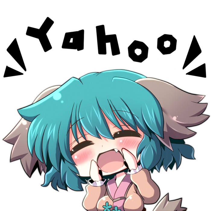 53, ^_^, animal_ears, blush, breasts, brown_dress, bust, chibi, closed_eyes, dress, eyes_closed, fang, green_hair, hands_on_own_face, hands_to_face, kasodani_kyouko, open_mouth, solo, touhou
