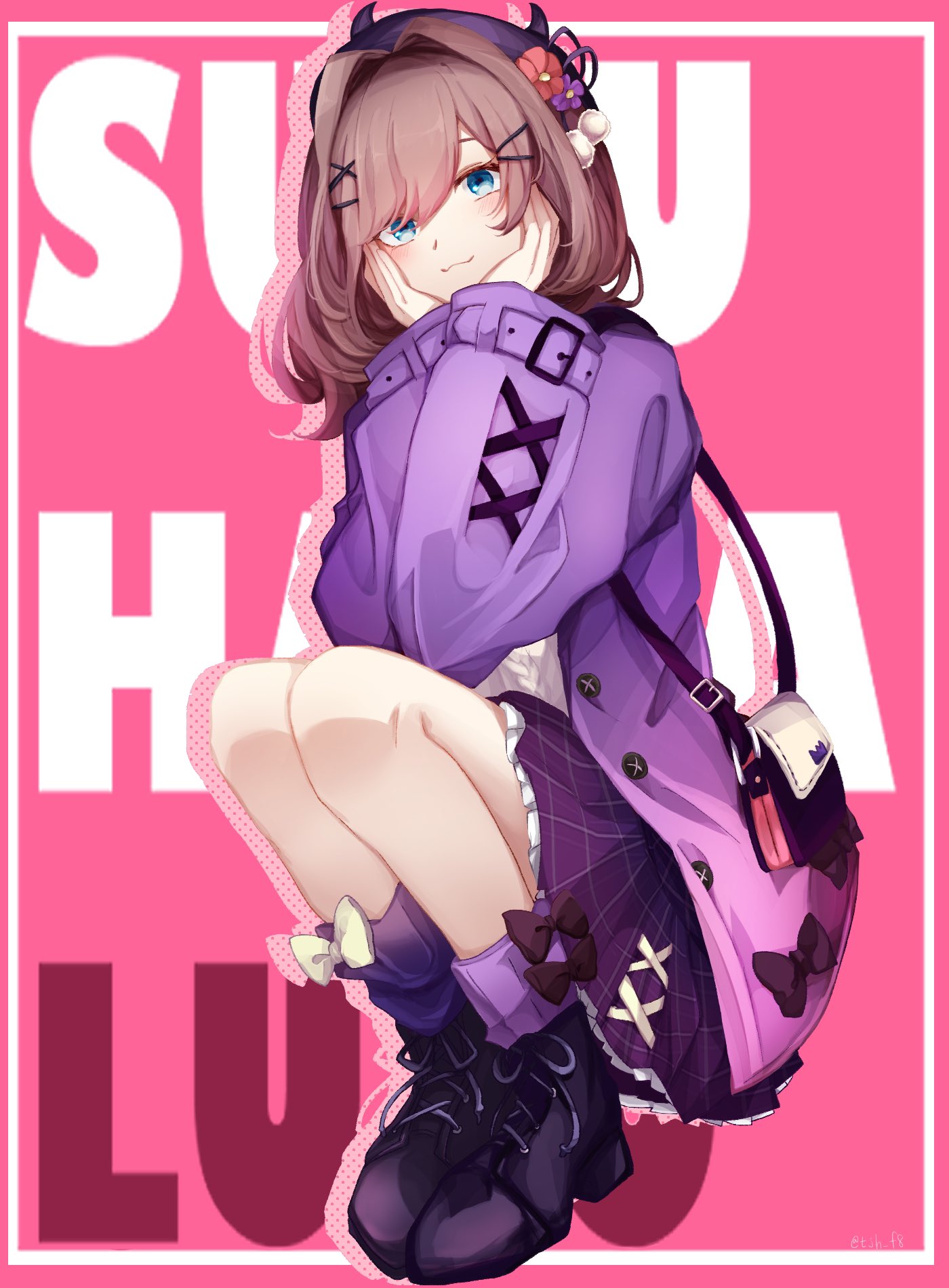 1girl, artist_name, asymmetrical_legwear, beret, black_bow, blush, bow, bow_legwear
