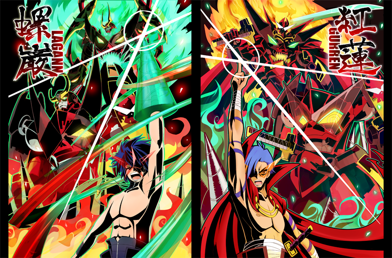 blue_hair, cape, drill, gurren, jitetsu_otoko_ddn, kamina, kamina_pose, kamina_shades