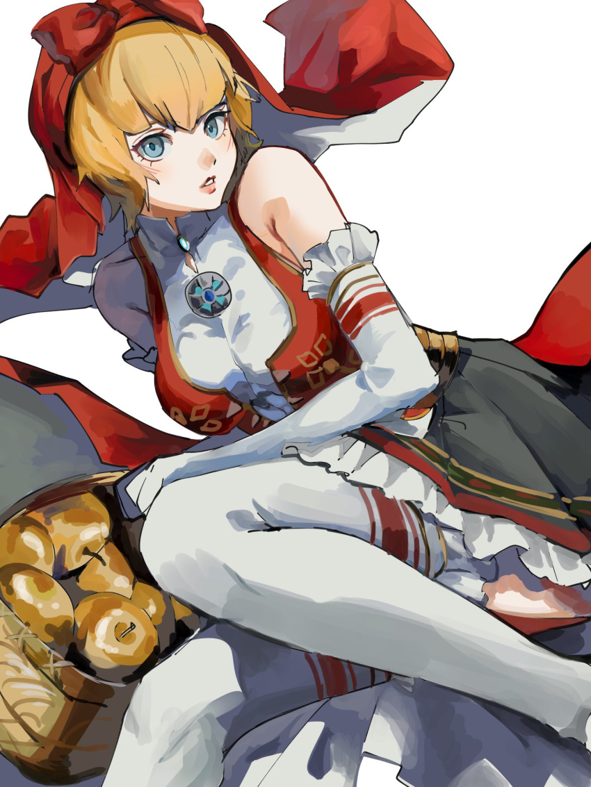 1girl, 4me3ba_niku, apple, basket, blonde_hair, blue_eyes, demon_(megami_tensei), dress