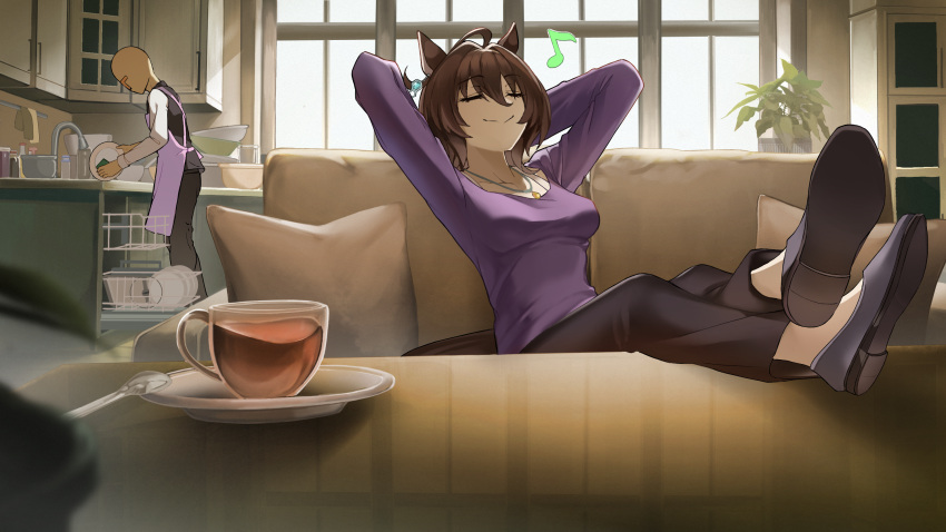 1boy, 1girl, agnes_tachyon_(casual)_(umamusume), agnes_tachyon_(umamusume), ahoge, animal_ears, apron, arms_behind_head