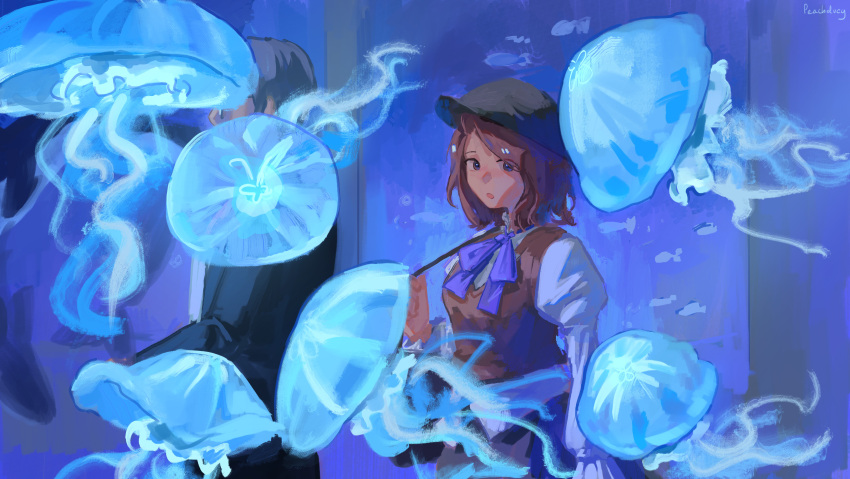 1boy, 1girl, absurdres, aquarium, brown_hair, hat, highres, jellyfish